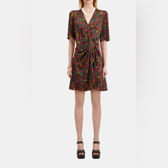 MULTICOLOR FEATHER PRINT SHORT SLEEVE SHORT DRESS WITH DRAPING - Picture 1 of 4